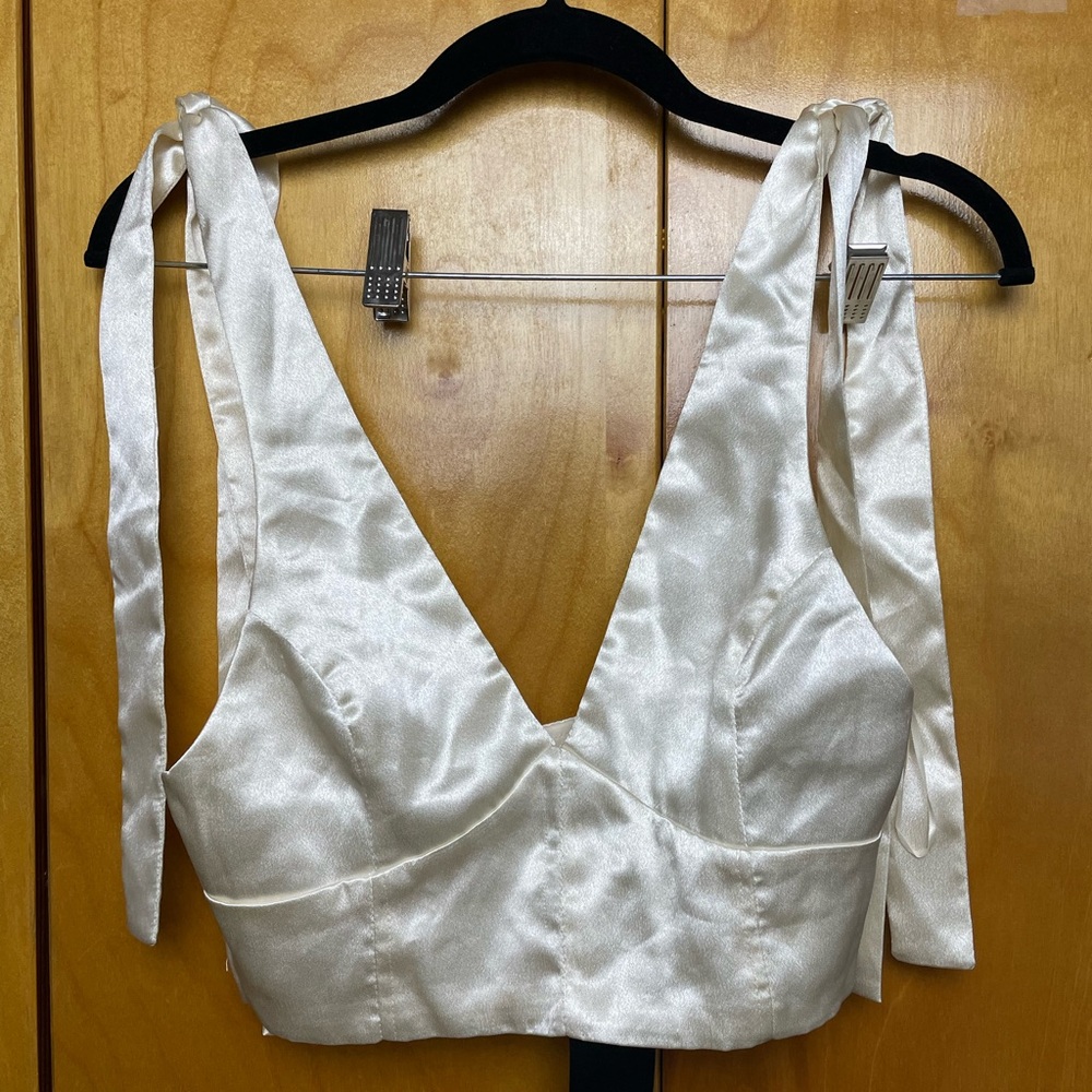Nasty gal ivory satin tie crop top